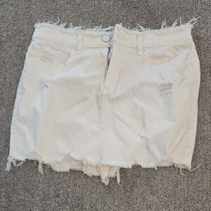 Express Off-White Denim Skirt with Frayed Hem
